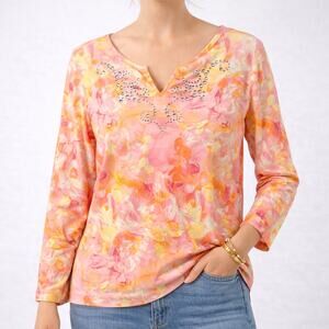 Quacker Factory Floral Rhinestone Notched Neck 3/4 Sleeve Top Pink M New
